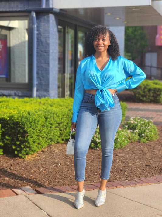 Blue Satin Crop Top