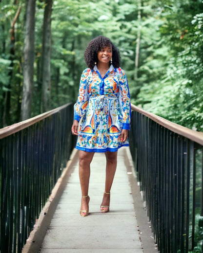 Blue And White Porcelain Flower Long Sleeve Dress