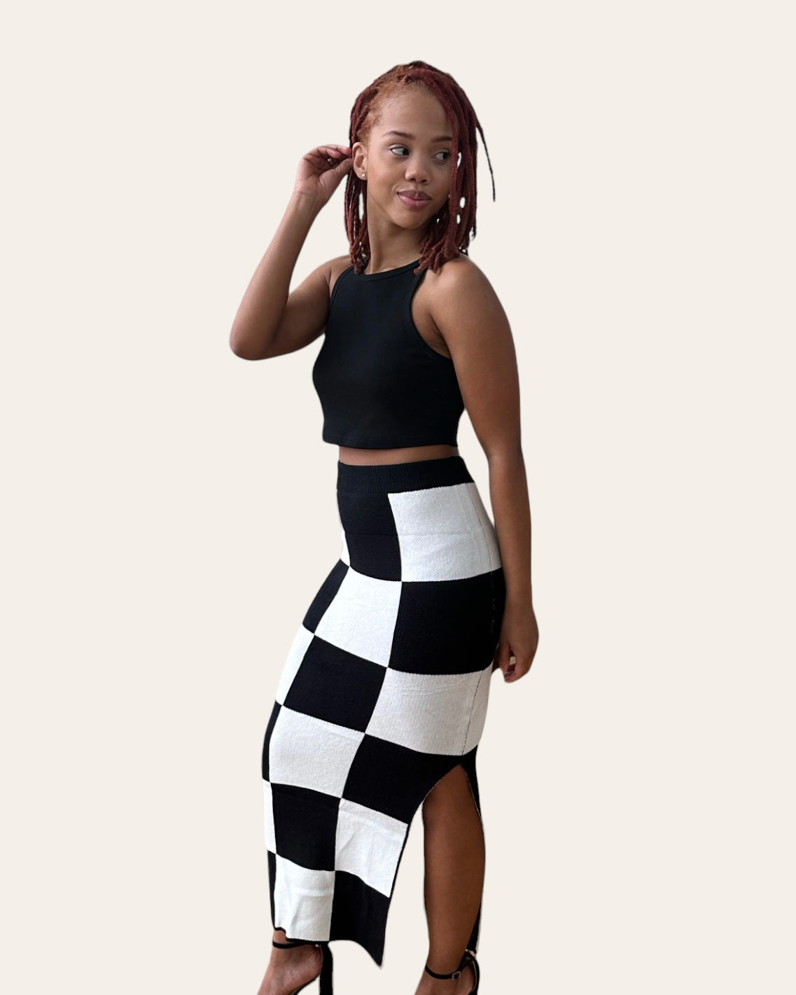 Black and white checkered skirt