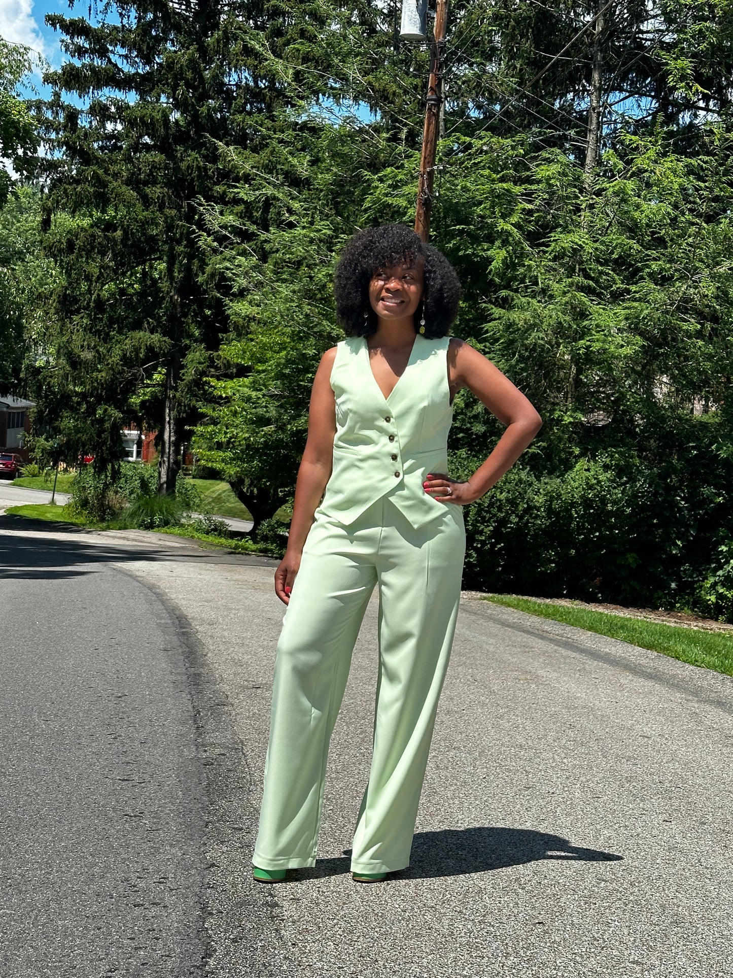 Green Single Breasted Vest Set