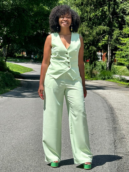 Green Single Breasted Vest Set