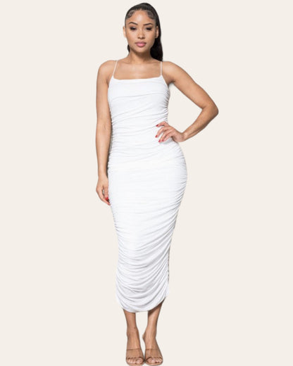 RUCHED MIDI ELASTIC BODYCON DRESS