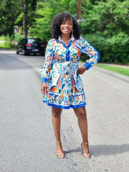 Blue And White Porcelain Flower Long Sleeve Dress