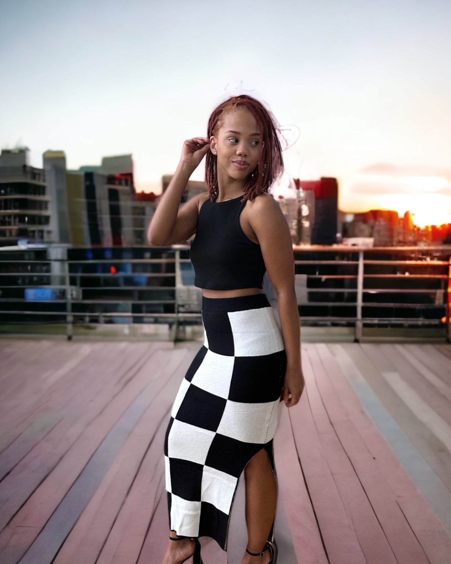 Black and white checkered skirt