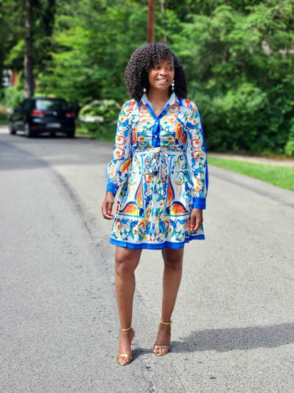 Blue And White Porcelain Flower Long Sleeve Dress