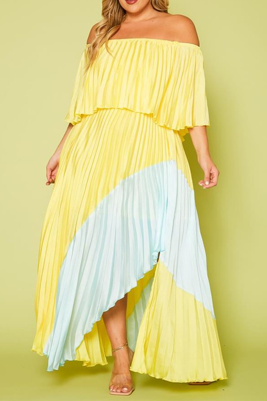 Plus Size Two Tone Pleated Asymmetrical Maxi Dress