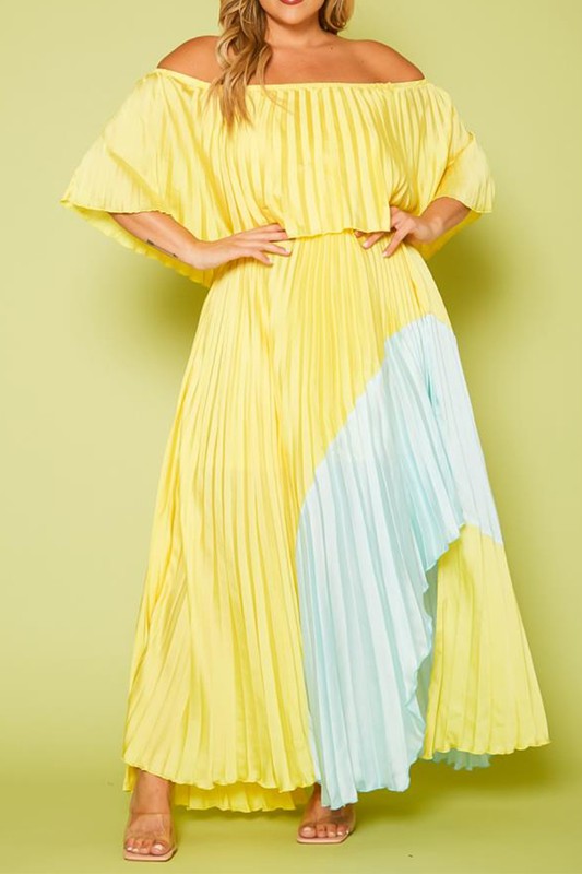 Plus Size Two Tone Pleated Asymmetrical Maxi Dress