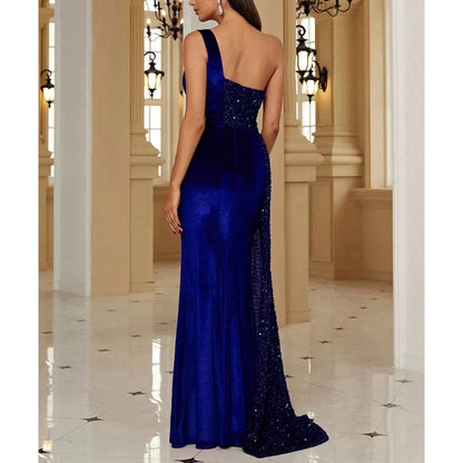 Sequin & Velvet High Slit One Shoulder Forman Gown