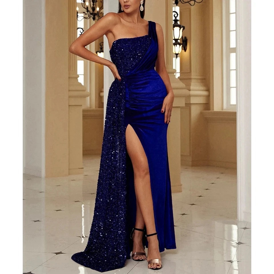 Sequin & Velvet High Slit One Shoulder Forman Gown