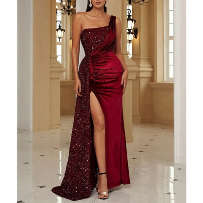 Sequin & Velvet High Slit One Shoulder Forman Gown